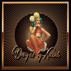 Pinup Doll Xarah in a golden frame in the retro 50s rockabilly burlesque look with blue green hair and gold jewelry. Cream-colored vintage lingerie, skin-colored real seamed nylons and glitter high heels. Elegant design in gold black with comic artwork with sunburts.